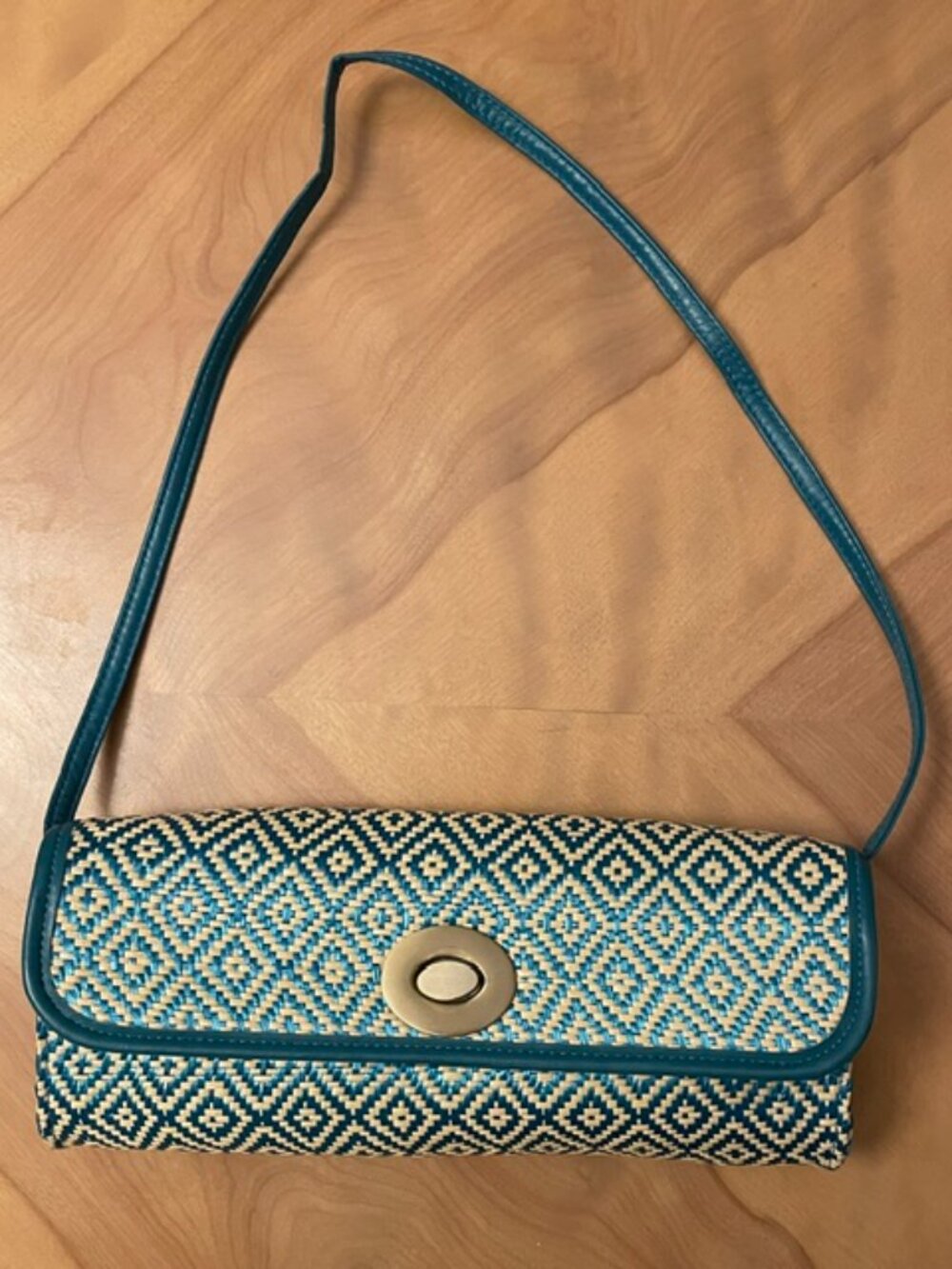 Woven Straw Clutch Bag Teal Diamond Weave Gold Turn Lock Shoulder Strap